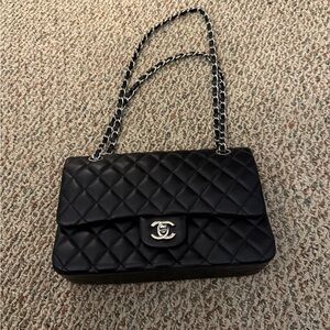 Elegant Black Quilted Shoulder Bag with Silver Details